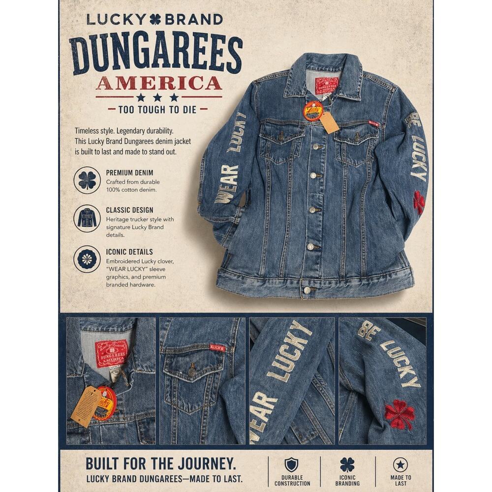 Lucky Brand Dungarees Denim Jacket Women's Medium "Wear Lucky" Graphic Trucker